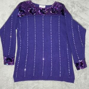 Cedars Vintage Purple Angora Lambswool Sequin Floral Sweater Large 80s 90s Glam